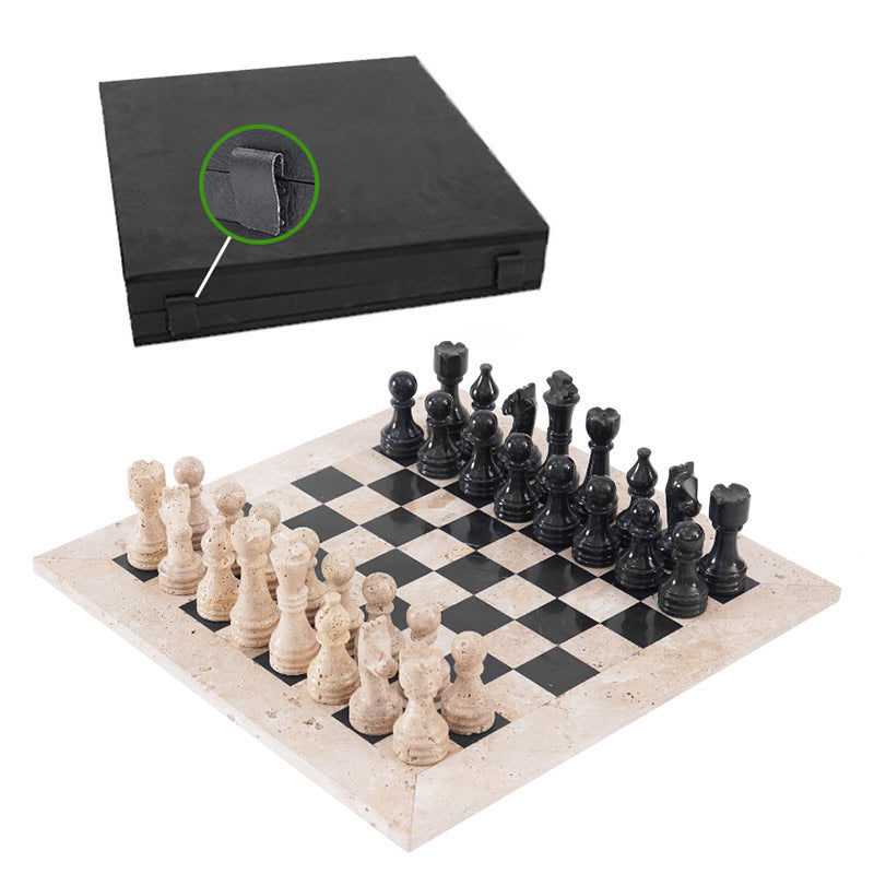 38cm Chess Set With Standard Storage Box - Travertine & Black