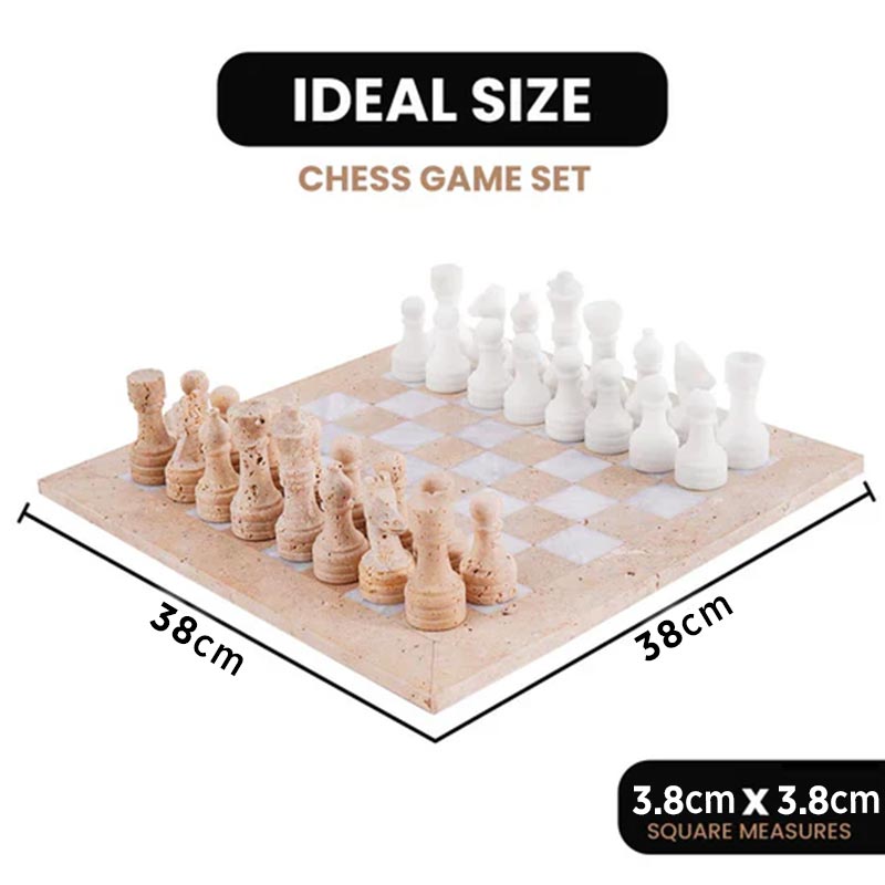 38cm Chess Set - With Standard Storage Box Travertine & White