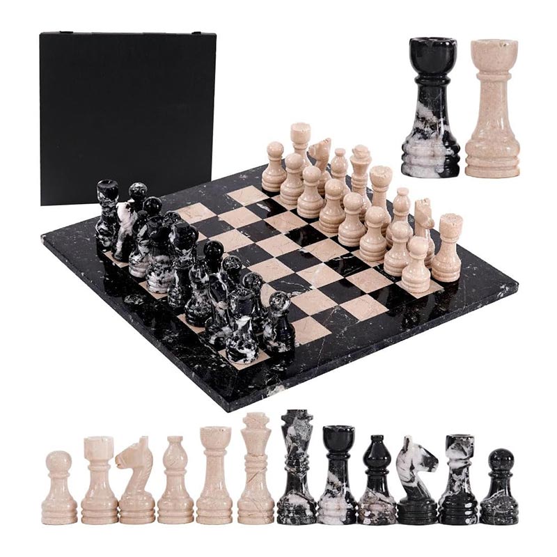 38cm Chess Set With Storage Box - Black Zebra and Verona