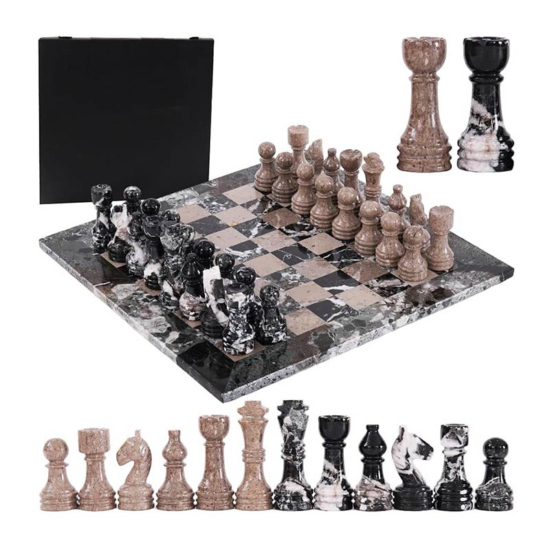 38cm Chess Set With Storage Box - Black Zebra and Oceanic