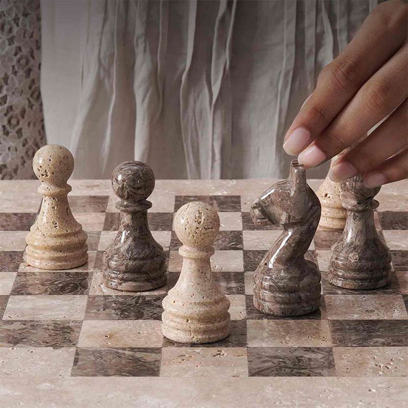 38cm Chess Set With Standard Storage Box- Travertine & Oceanic