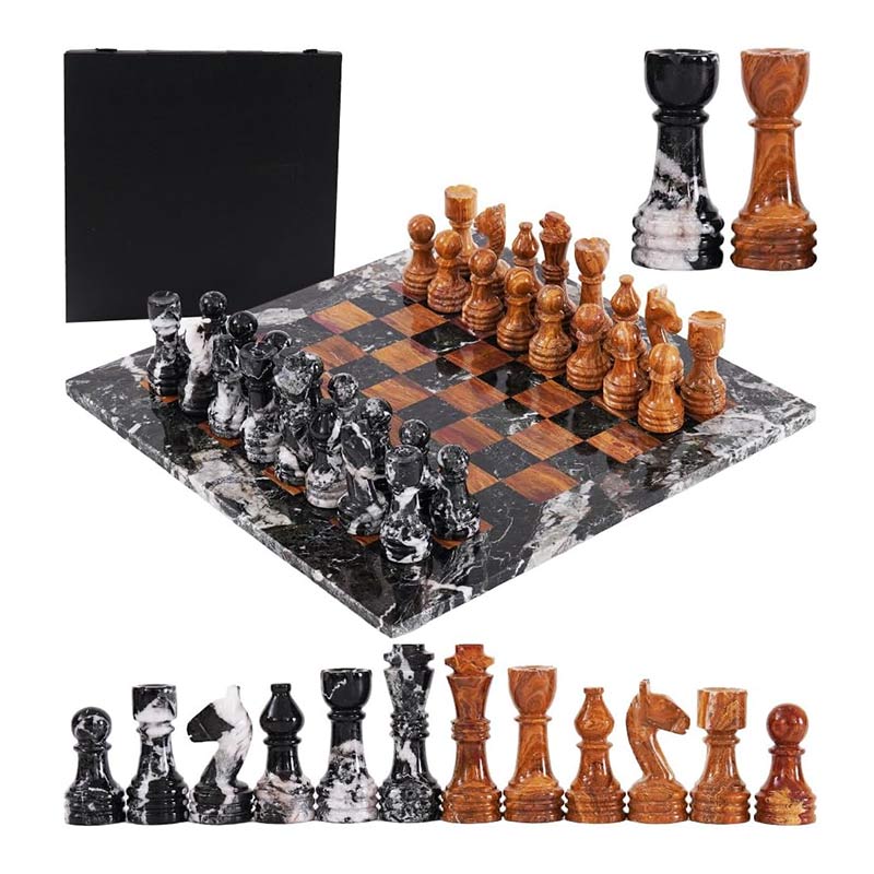 38cm Chess Set With Storage Box - Black Zebra and Red