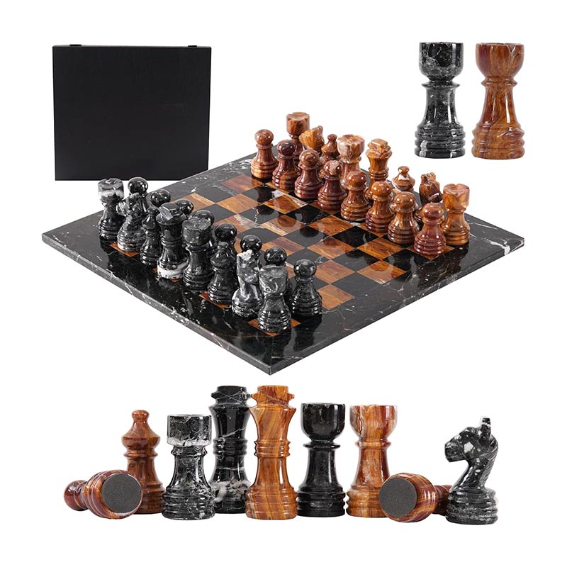 30cm Chess Set With Storage Box - Black Zebra and Red