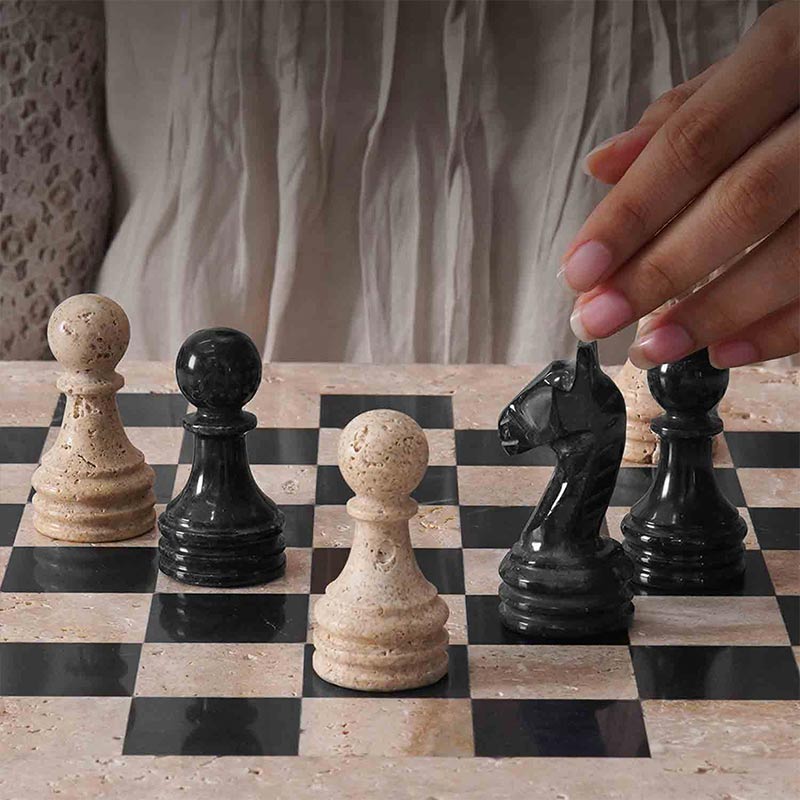 38cm Chess Set With Standard Storage Box - Travertine & Black