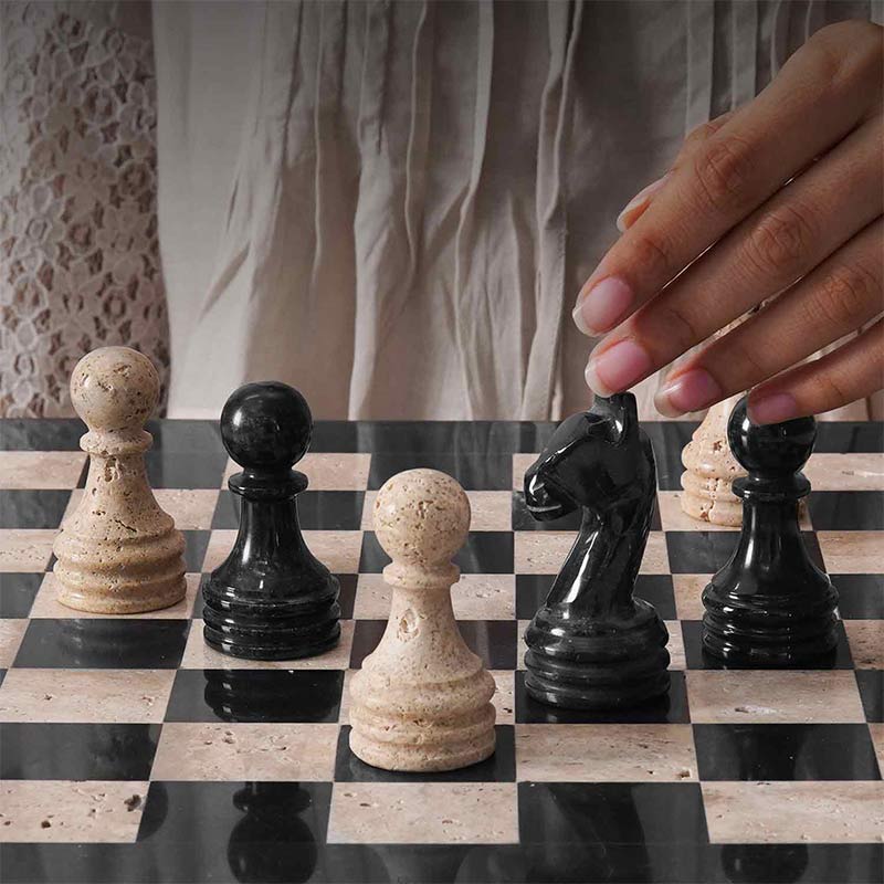 38cm Chess Set With Standard Storage Box - Black & Travertine