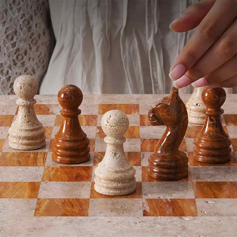 38cm Chess Set With Standard Storage Box- Travertine & Red