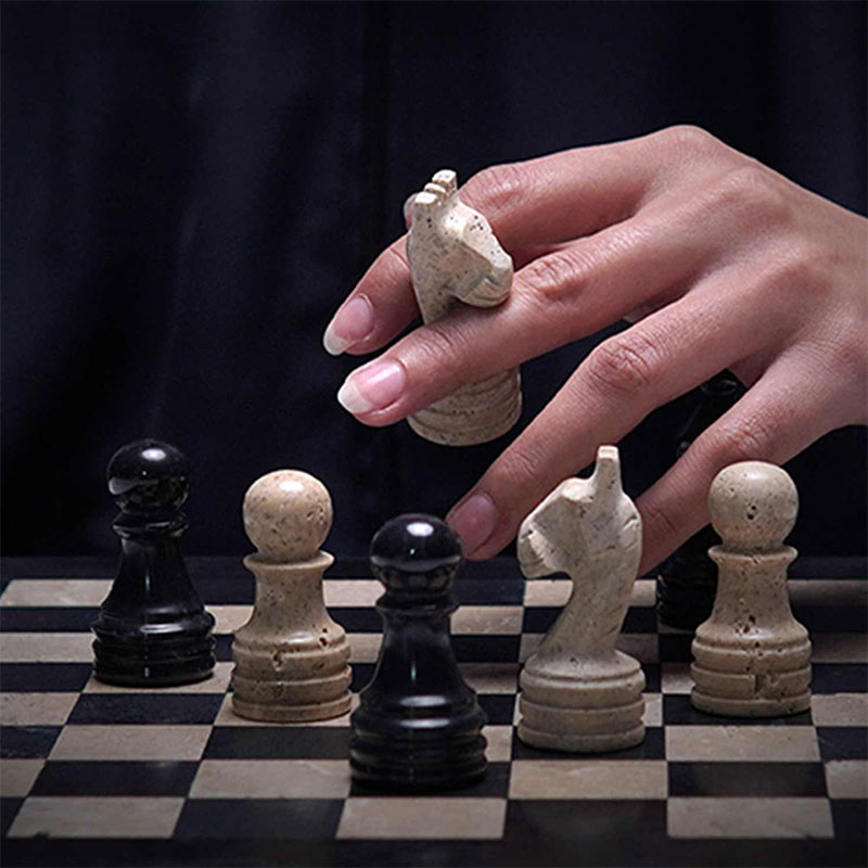 30cm Chess Set With Standard Storage Box - Black and Travertine