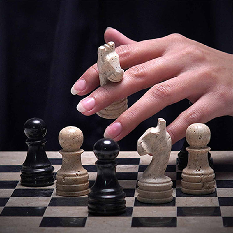 30cm Chess Set With Storage Box - Travertine & Black