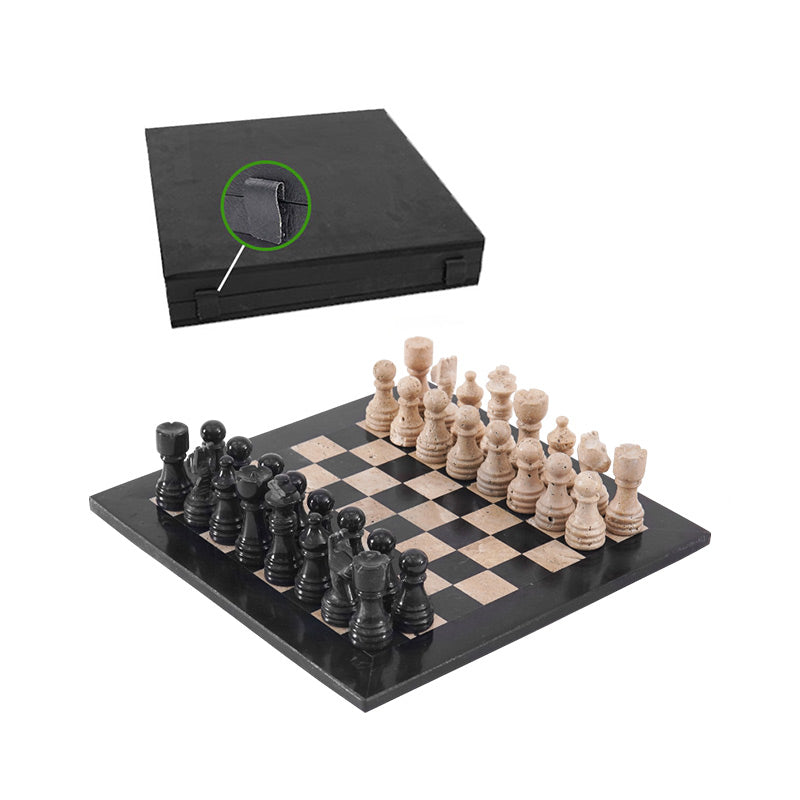 30cm Chess Set With Standard Storage Box - Black and Travertine