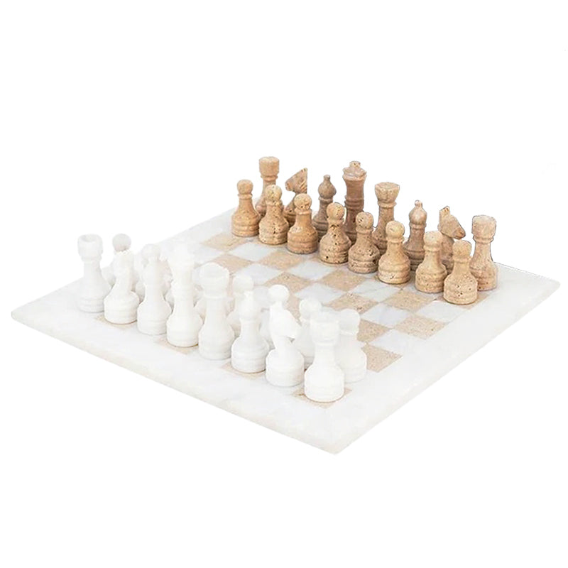 38cm Chess Set With Standard Storage Box - White & Travertine